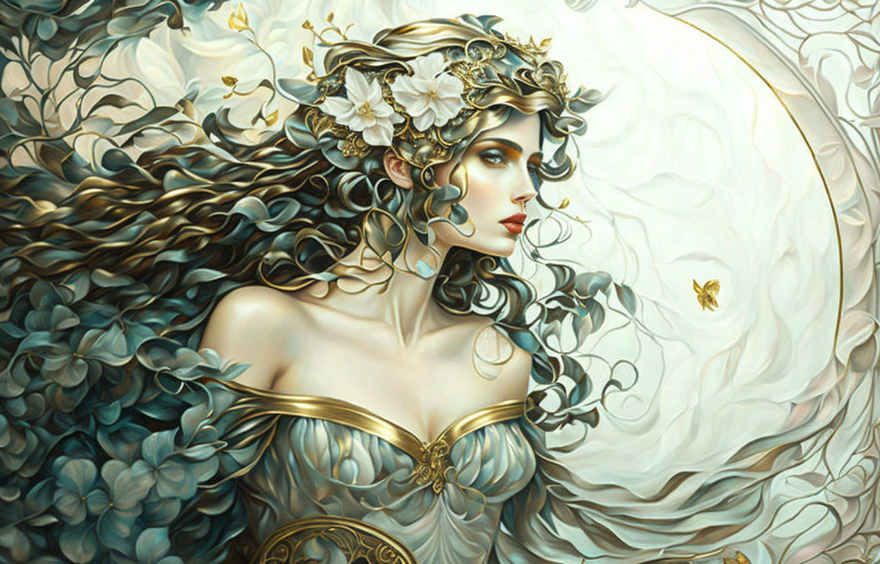 Ethereal woman with flowing hair and flowers in an enchanting scene