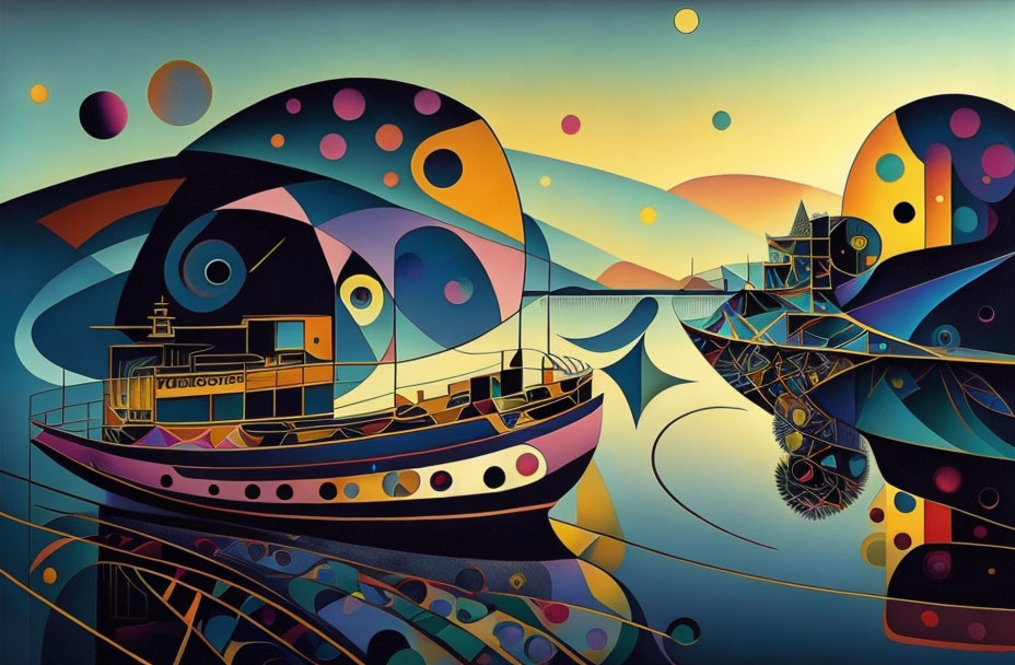 Colorful Abstract Maritime Scene with Stylized Boats and Geometric Shapes