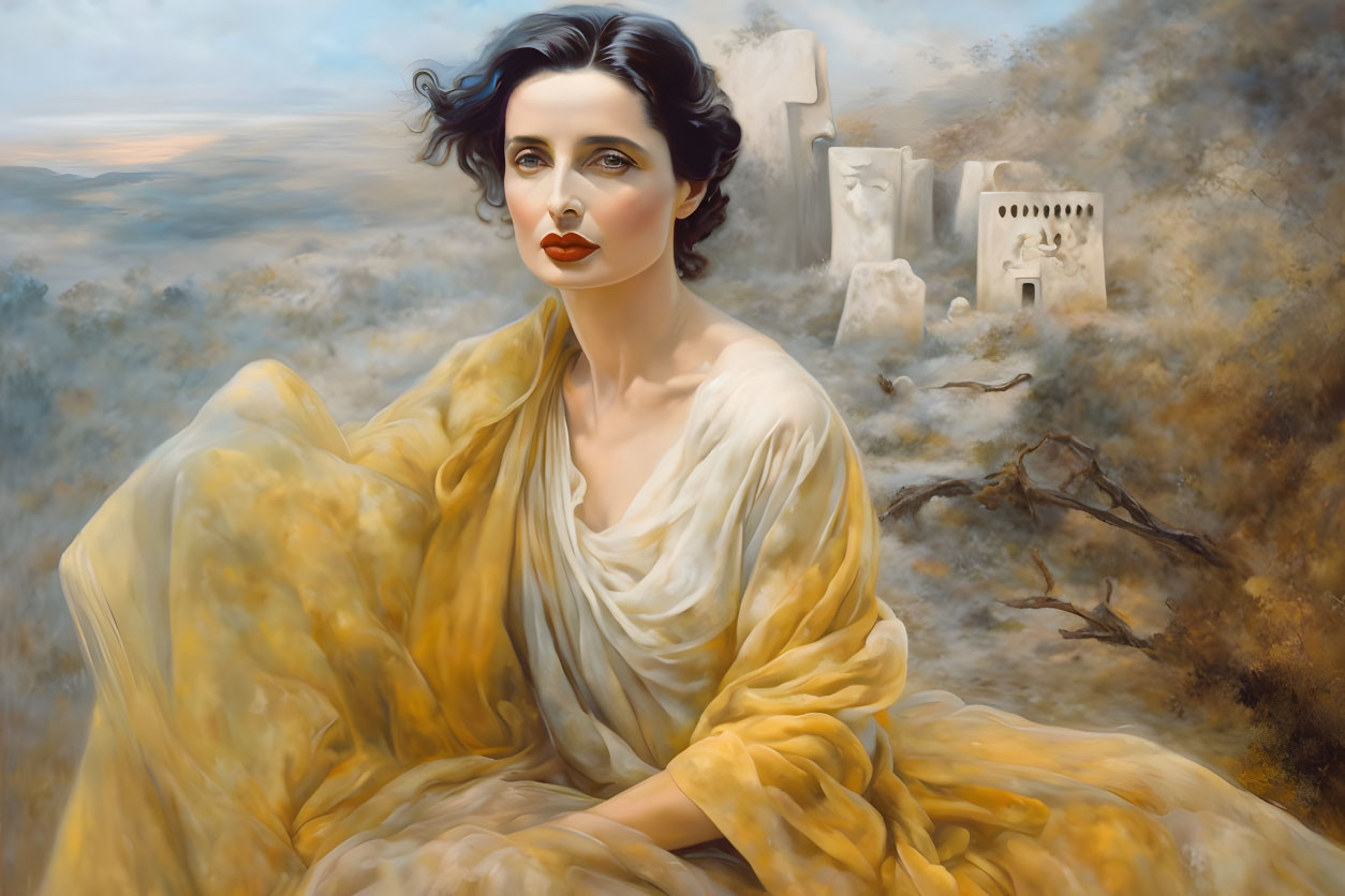 Dark-haired woman in golden fabric against desolate landscape and ruins