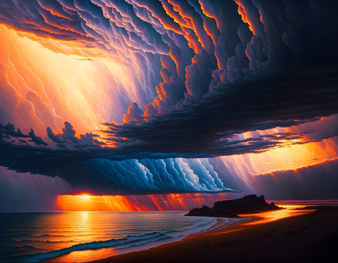 Tranquil beach scene with vibrant sunset and unique cloud patterns