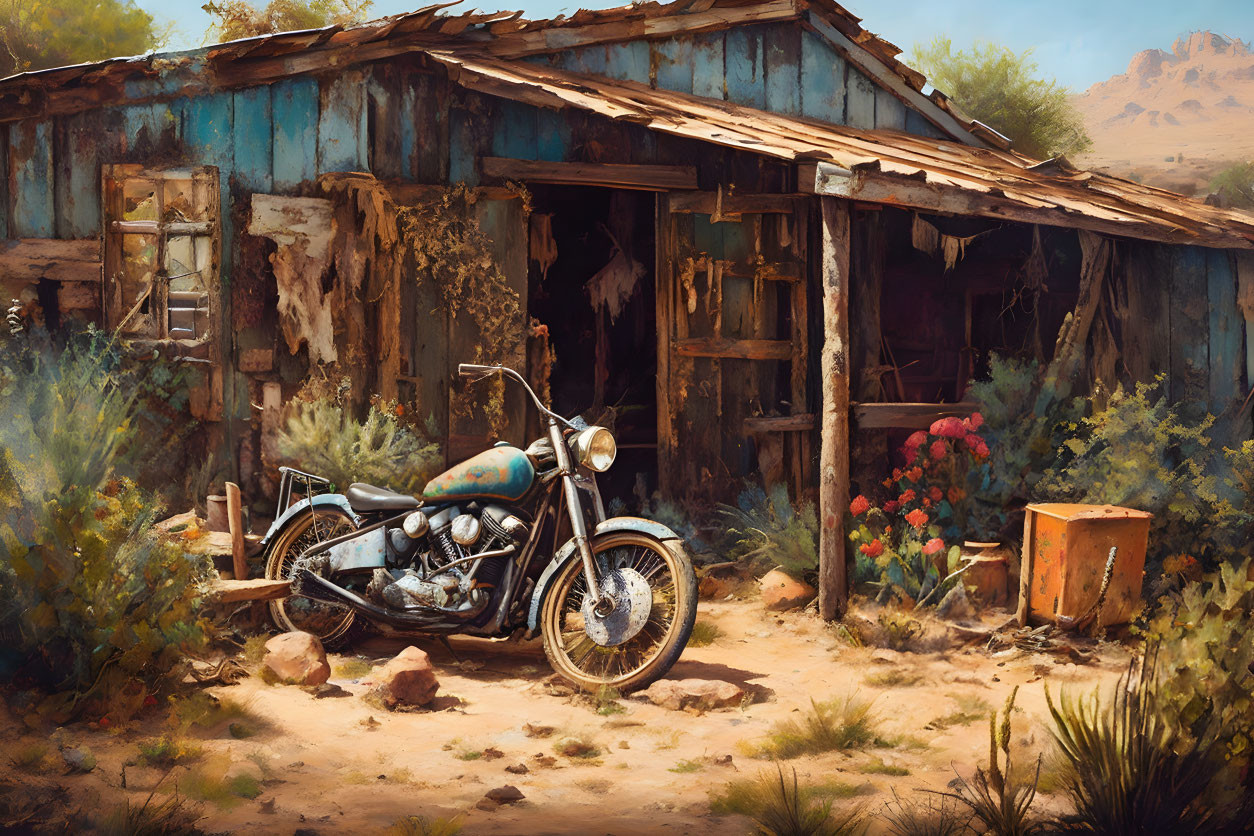 Vintage Motorcycle in Desert Shack Setting