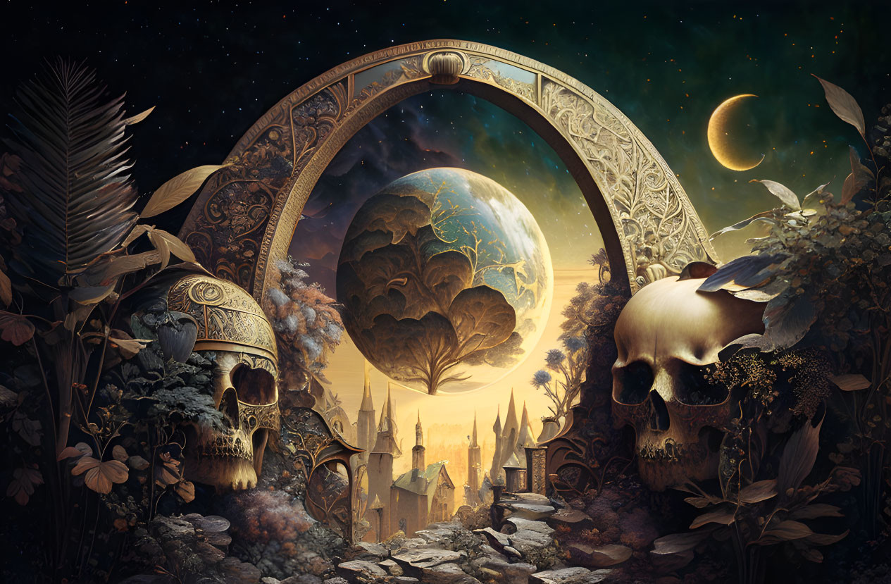 Fantastical Landscape with Ornate Arch, Celestial Bodies, and Floating Island