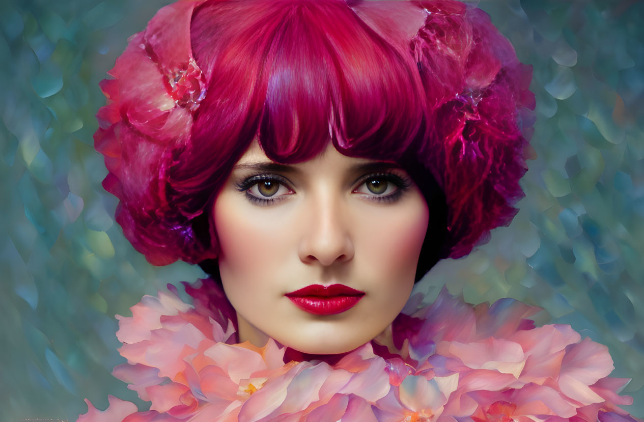 Woman with Pink Hair and Red Lipstick Surrounded by Pink Flowers