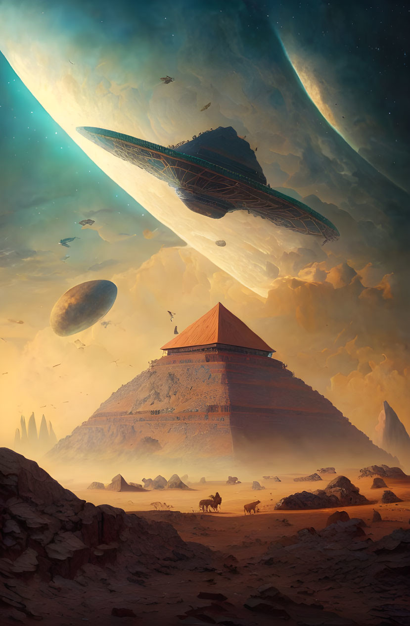 Futuristic sci-fi scene: pyramid, spaceship, planets in desert landscape