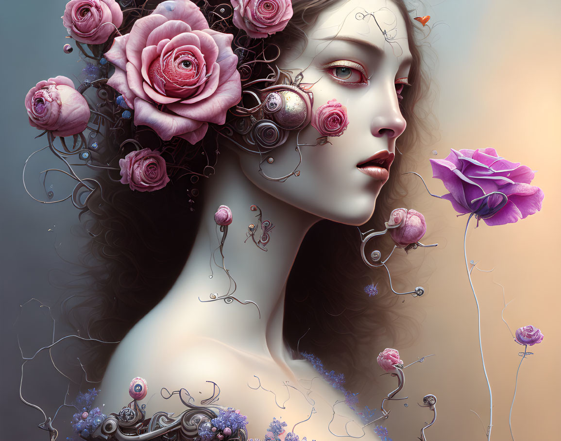 Surreal portrait of a woman with roses and intricate vines in her hair