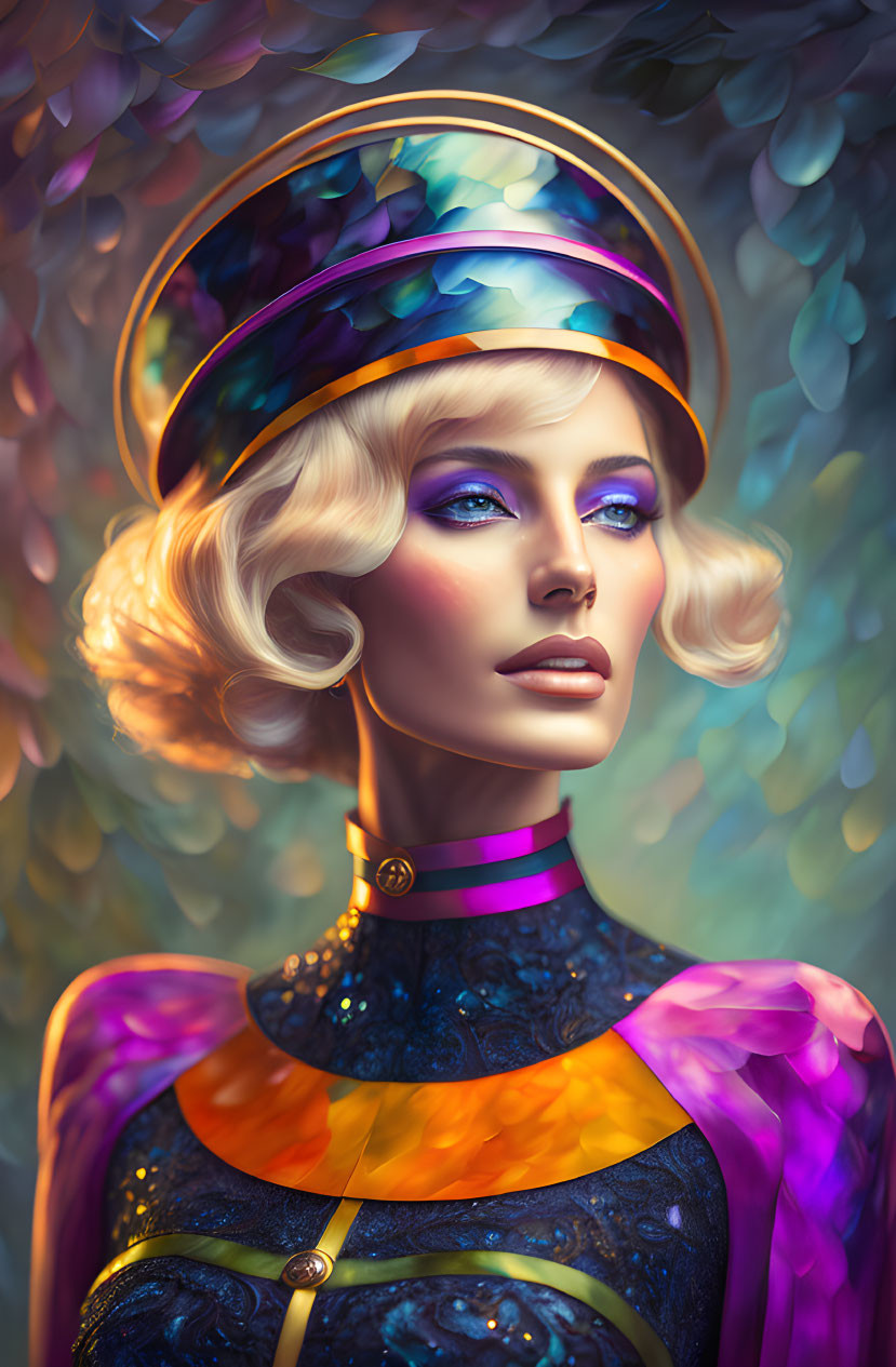 Colorful Portrait of Woman with Wavy Blonde Hair and Futuristic Attire