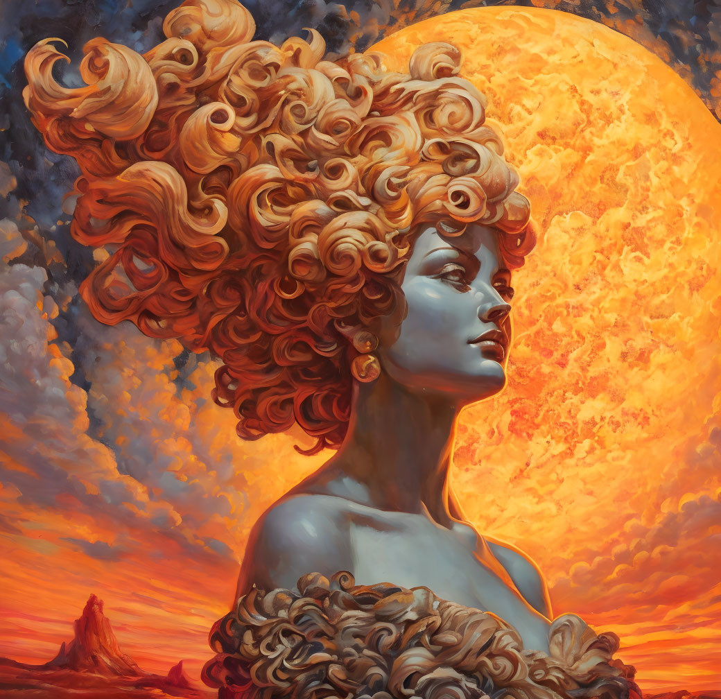 Vivid portrait of woman with curly hair under orange moon & fiery sunset