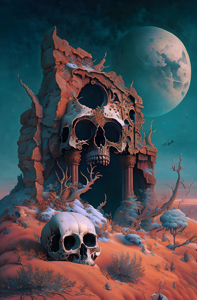 Surreal desert landscape with skull-shaped rock, giant moon, and scattered bones