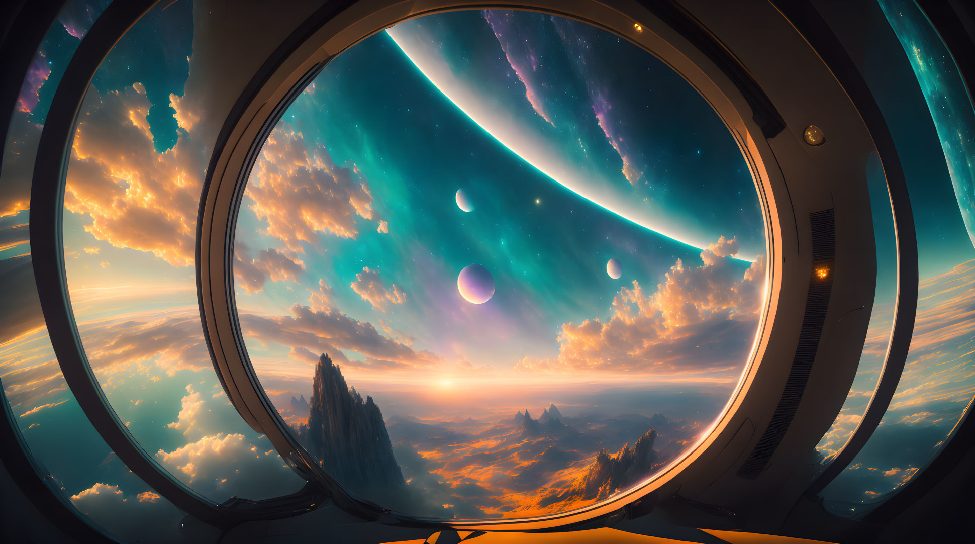 Surreal landscape with multiple moons and vibrant sunset