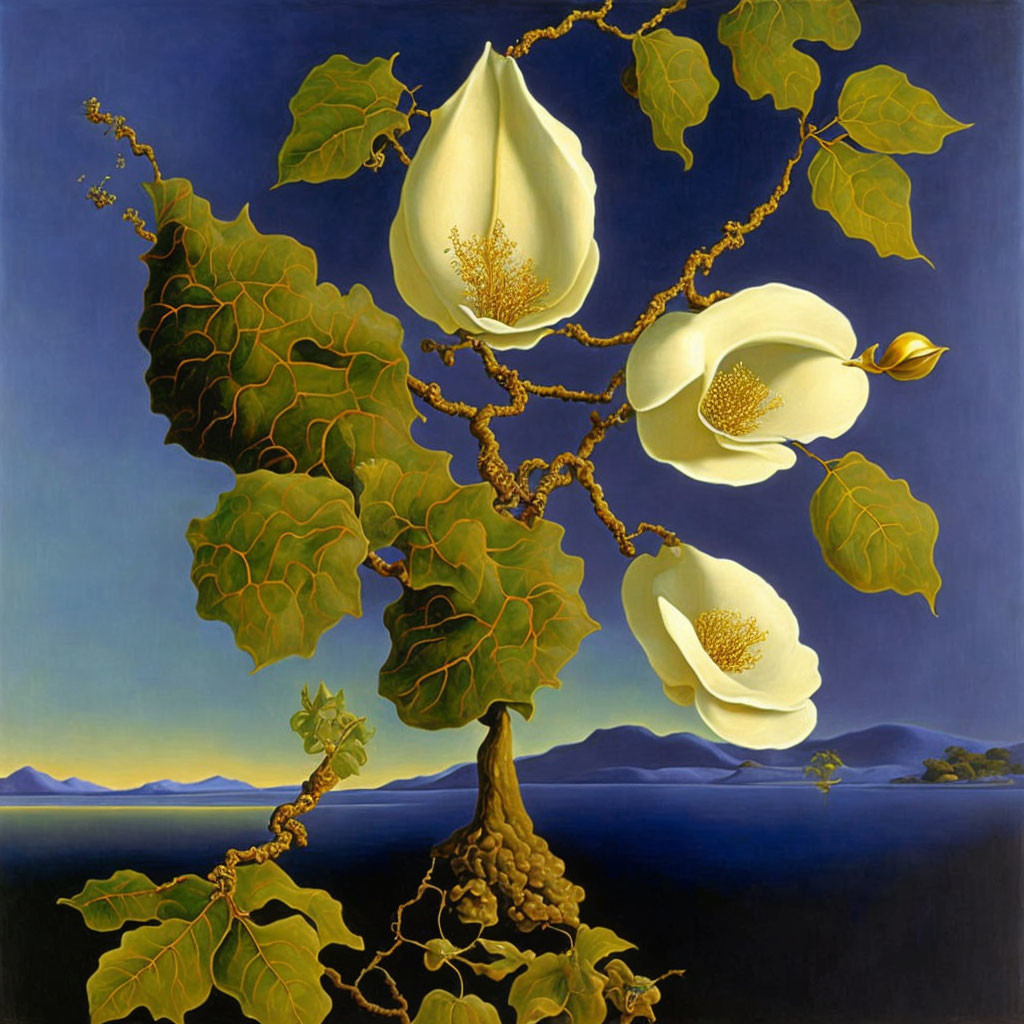 Surreal painting: Tree with white flowers, broad leaves, blue sky, calm sea