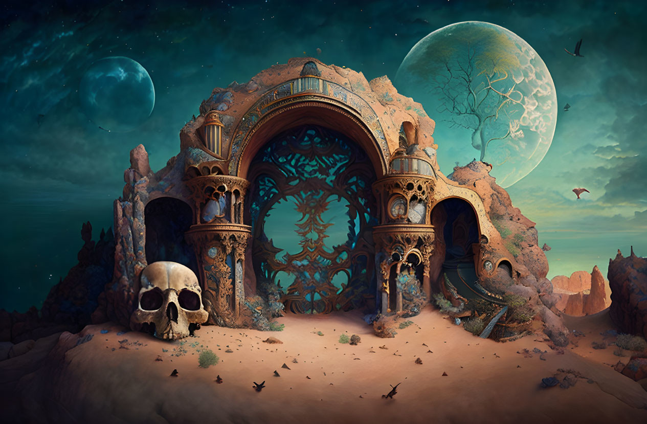 Fantastical desert scene with ancient doorway, giant skull, two moons, birds, and barren trees