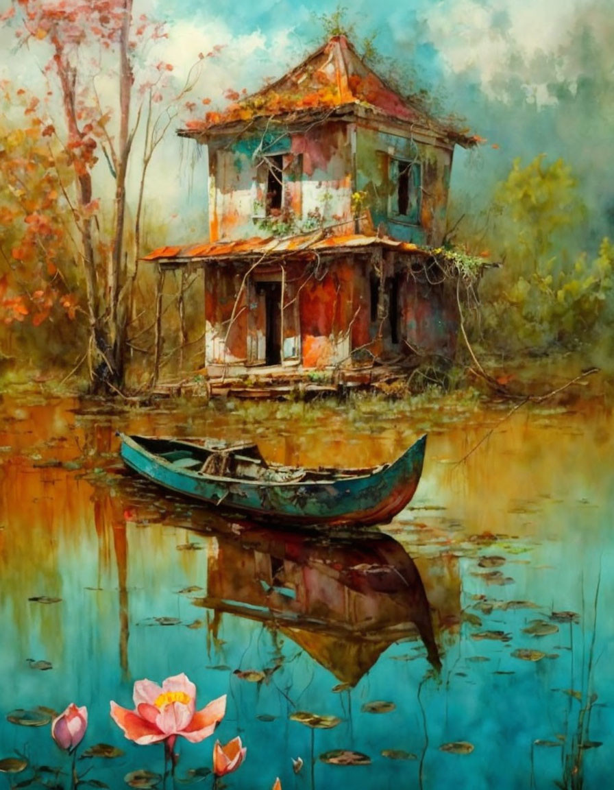 Two-story house, nature, boat, and lotus flowers in serene water scene