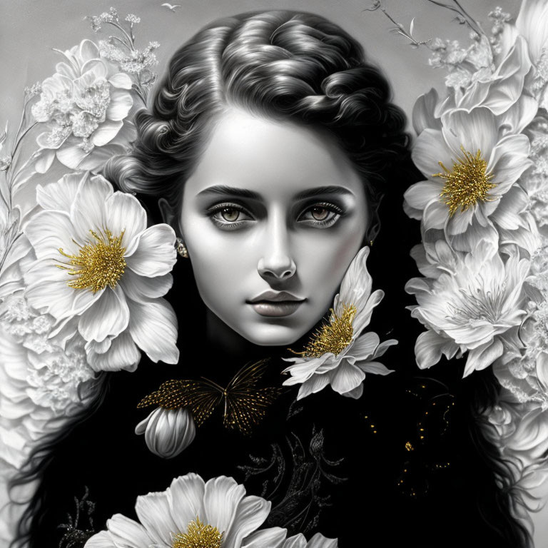 Monochromatic portrait of woman with wavy hair, white flowers, and golden butterflies