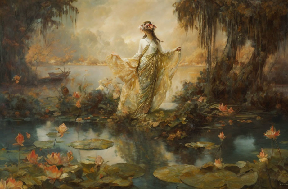 Tranquil painting of woman on water lilies with boat and misty trees