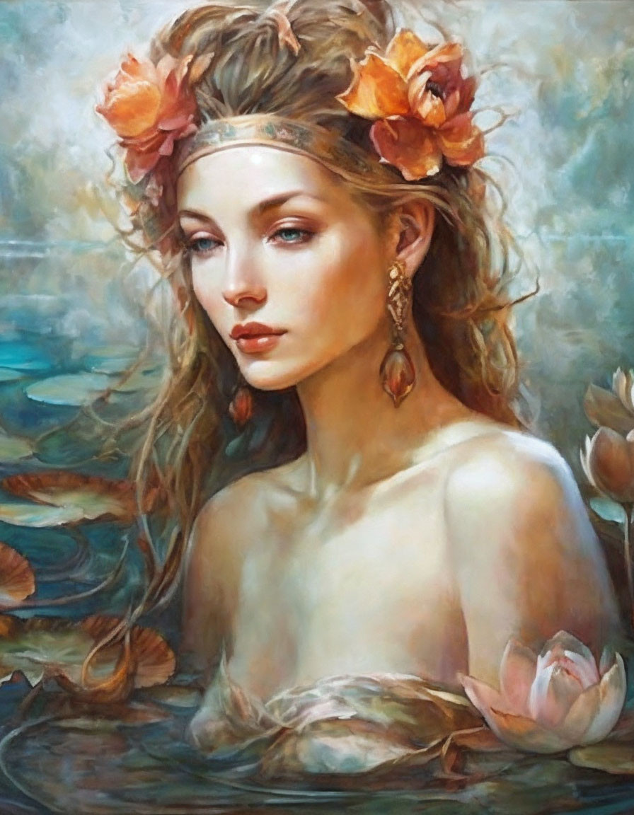 Woman with Floral Crown Surrounded by Water Lilies in Serene Painting