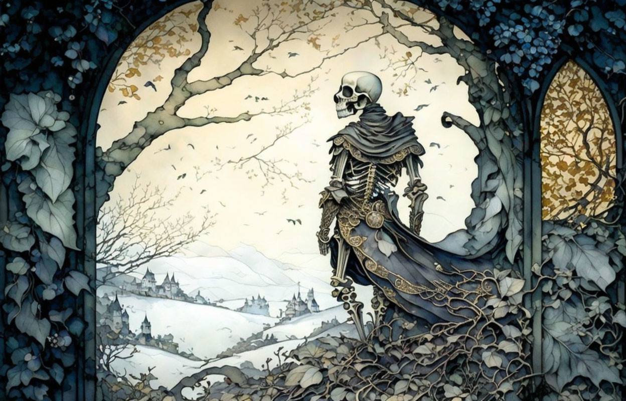 Skeletal figure in finery gazes at snowy landscape and distant castles