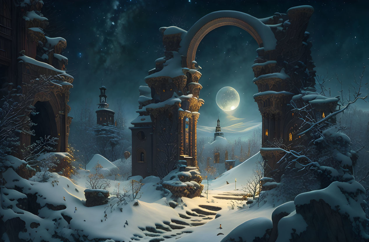 Snowy Night Landscape with Arched Gateway, Tower, Full Moon, and Northern Lights