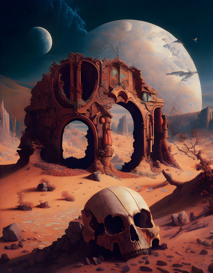 Surreal landscape featuring large skull, ancient ruins, and massive planet in alien desert world