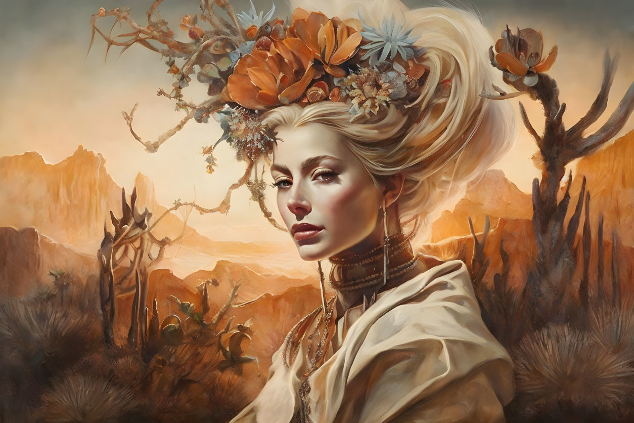 Woman with Floral Headdress in Desert Landscape with Warm Hues