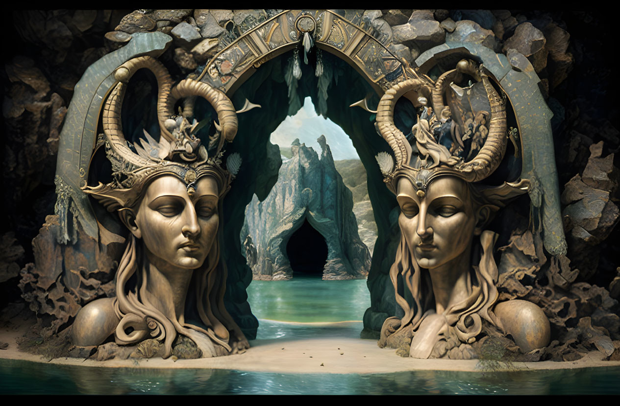 Intricate mystical archway with ornate faces and ram's horns by serene waterway