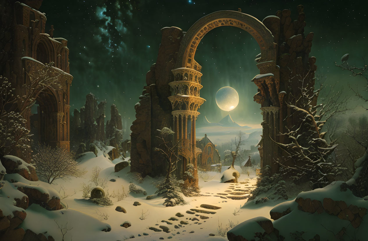 Snowy Night Landscape with Ancient Ruins and Full Moon