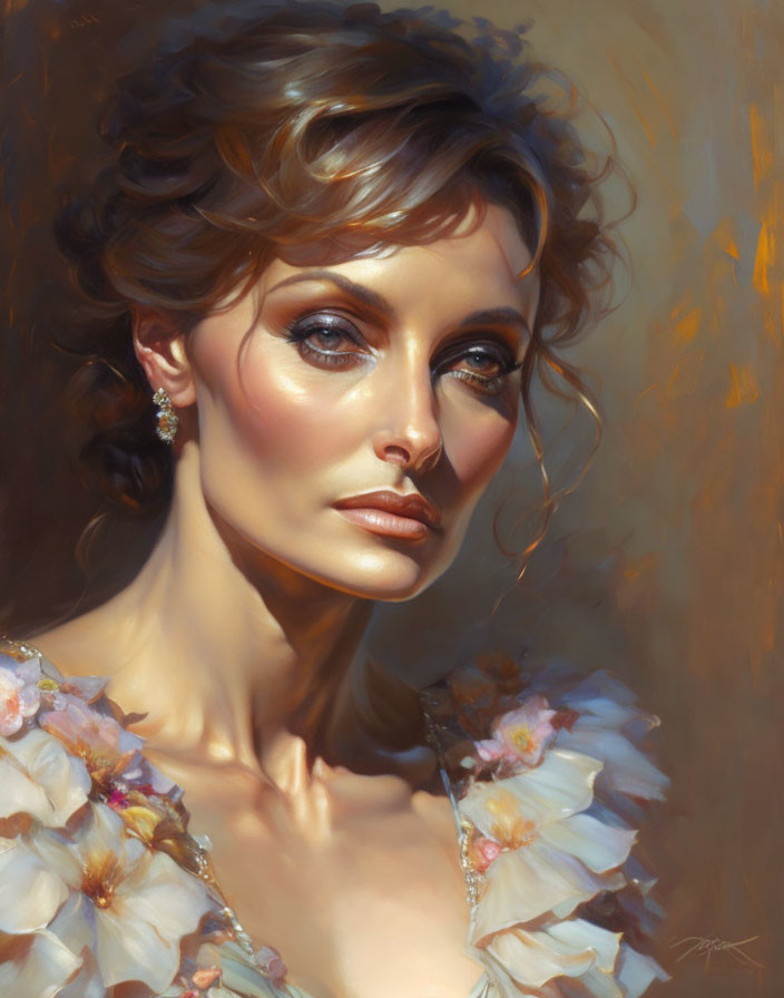 Detailed Makeup and Floral Dress: Elegant Portrait of Woman