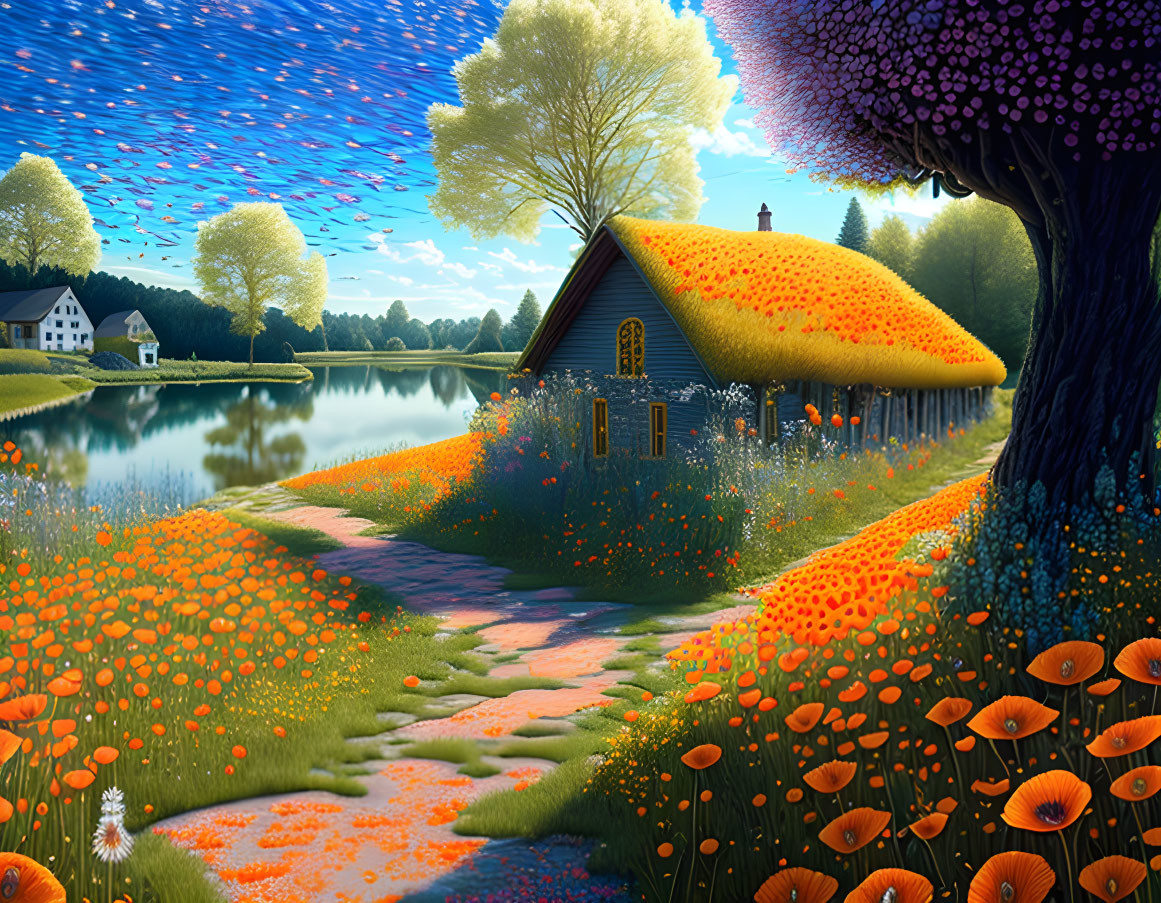 Tranquil cottage surrounded by orange flowers and purple tree near calm lake