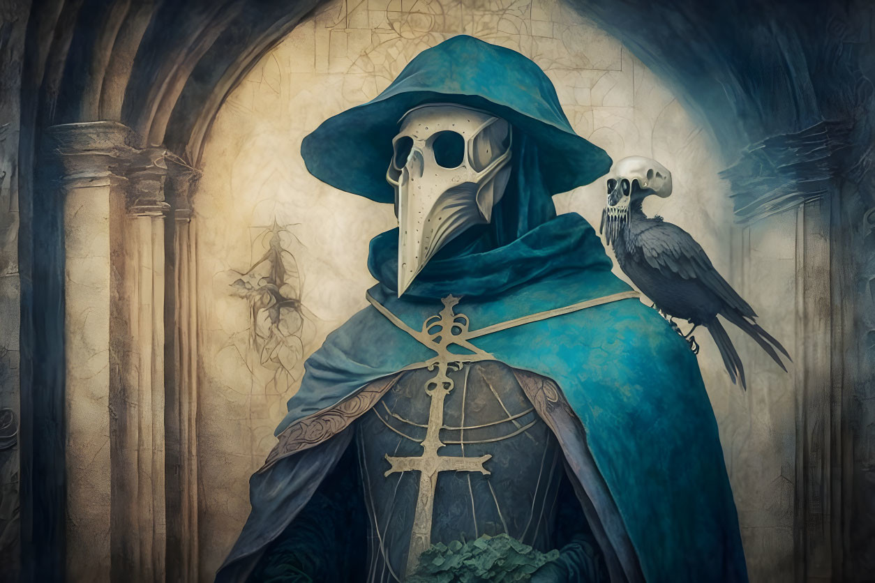 Cloaked figure in plague doctor mask with raven at arched window