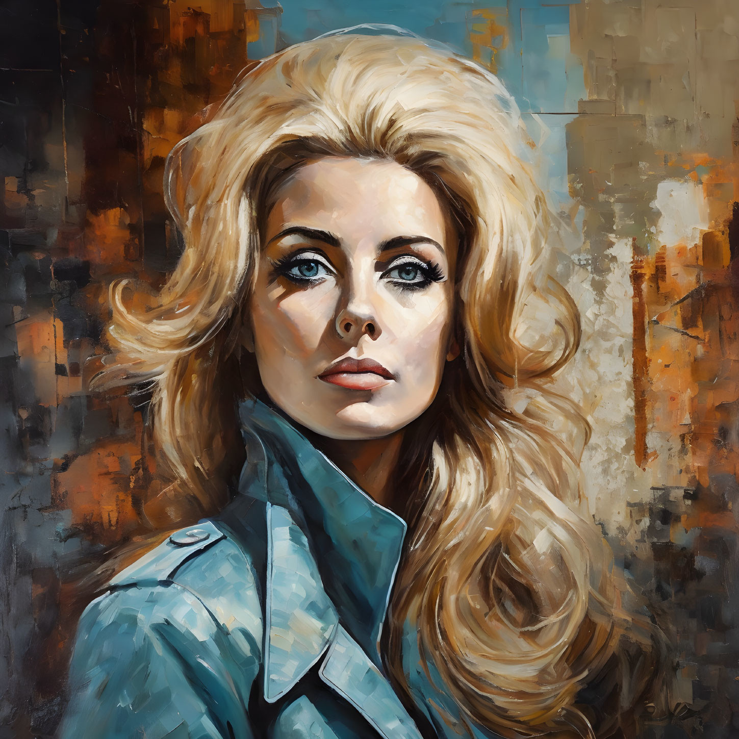 Portrait of Woman with Blonde Hair and Blue Eyes in Blue Collar Garment on Textured Background