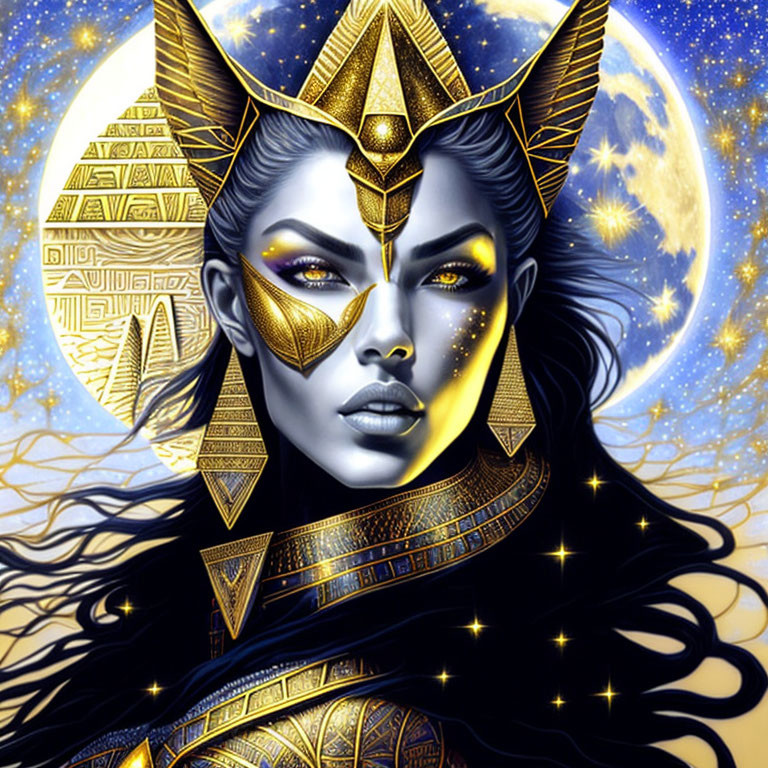 Digital Artwork: Woman in Egyptian-Inspired Headdress Under Full Moon