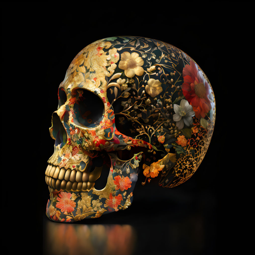 Floral-patterned ornate skull with golden accents on dark background