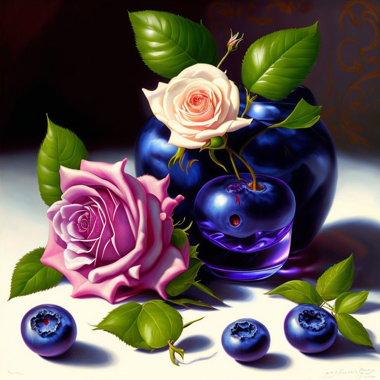 Colorful still-life painting with pink roses, blueberries, and a blue vase on a dark,