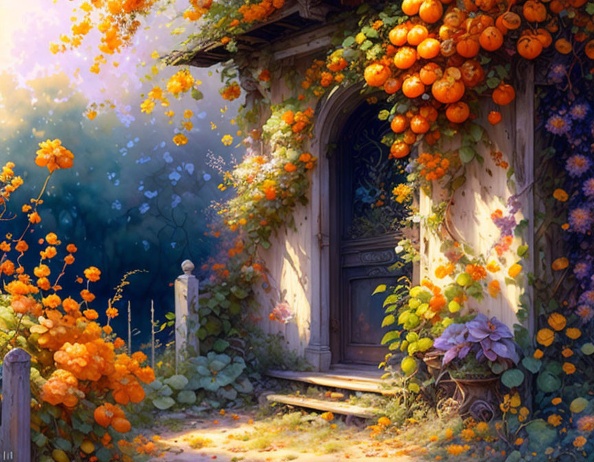 Charming cottage door with orange flowers and autumn trees