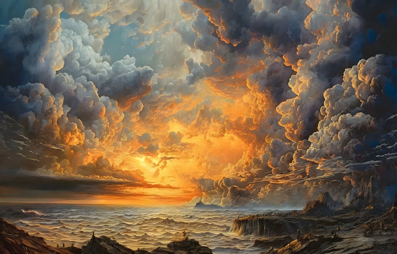 Vivid sunset seascape with billowing clouds and golden reflections