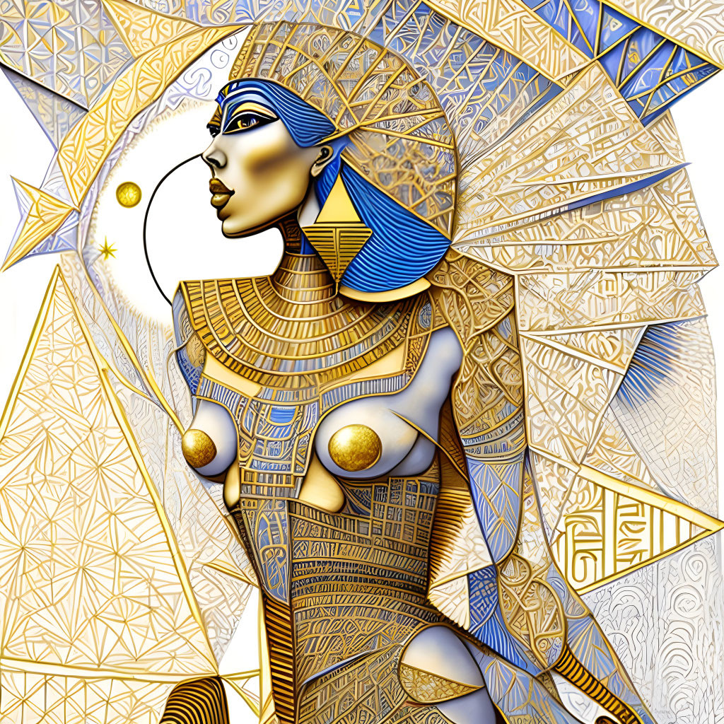 Detailed Egyptian Queen Illustration with Gold and Blue Adornments