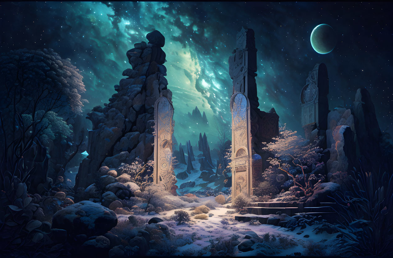 Mystical nighttime landscape with ancient gates and celestial sky