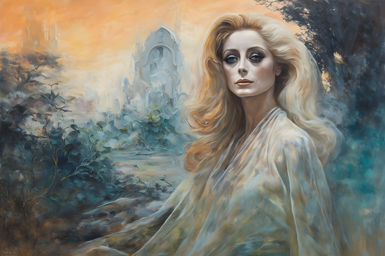 Blonde woman in sheer cloak with blue eyes, mystical landscape and castle.