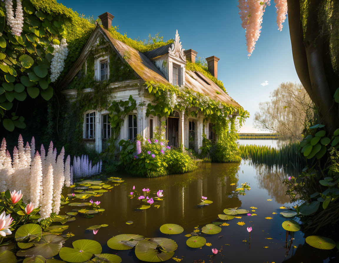 Serene pond with overgrown cottage and blooming flora