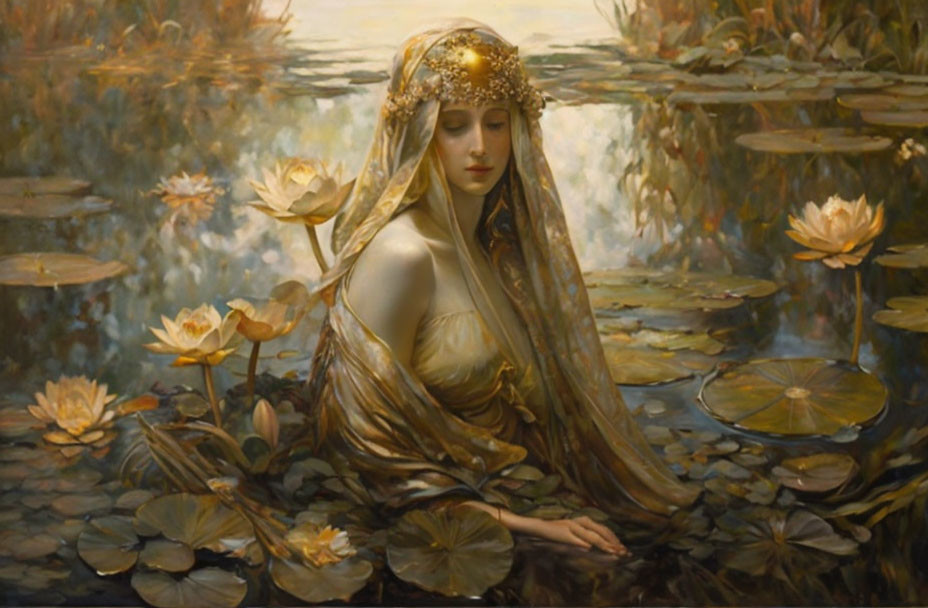 Golden-crowned woman amidst water lilies in tranquil pond