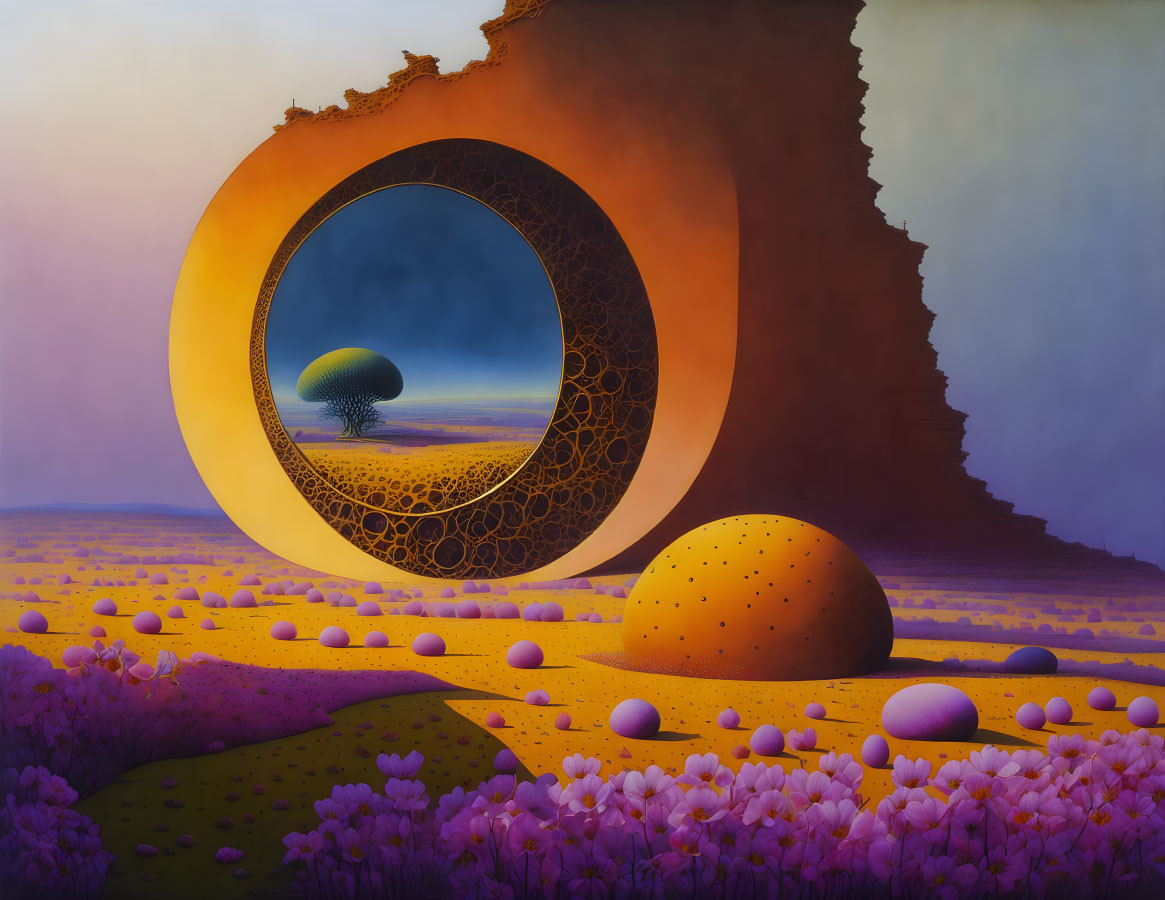 Surreal landscape with circular portal, solitary tree, and spherical objects in purple flower field.