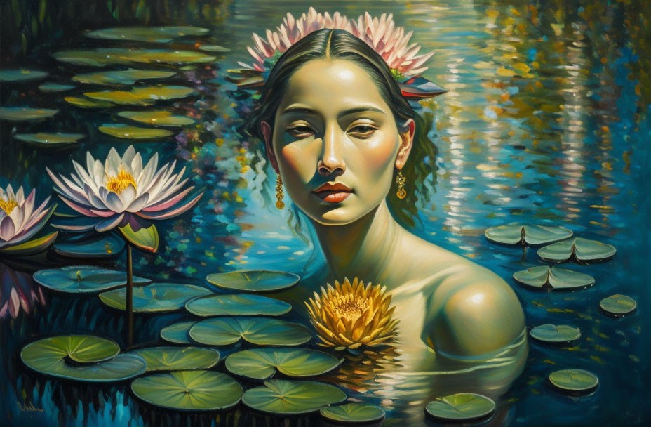 Woman with Lotus Flowers in Hair by Tranquil Water Lily Pond