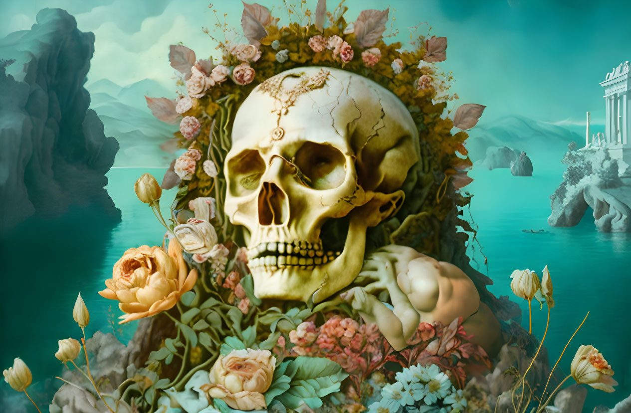 Surreal artwork: central skull, blooming flowers, classical architecture, misty mountains