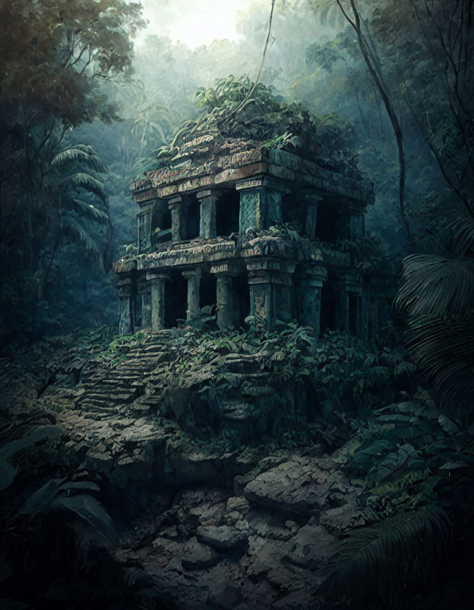 Overgrown ancient jungle temple with mysterious ruins