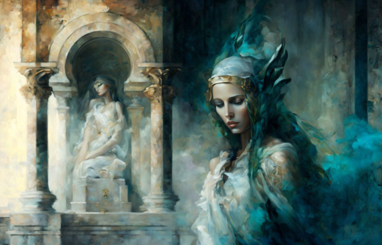 Mystical painting of woman in ornate headdress beside seated sculpture in classical alcove