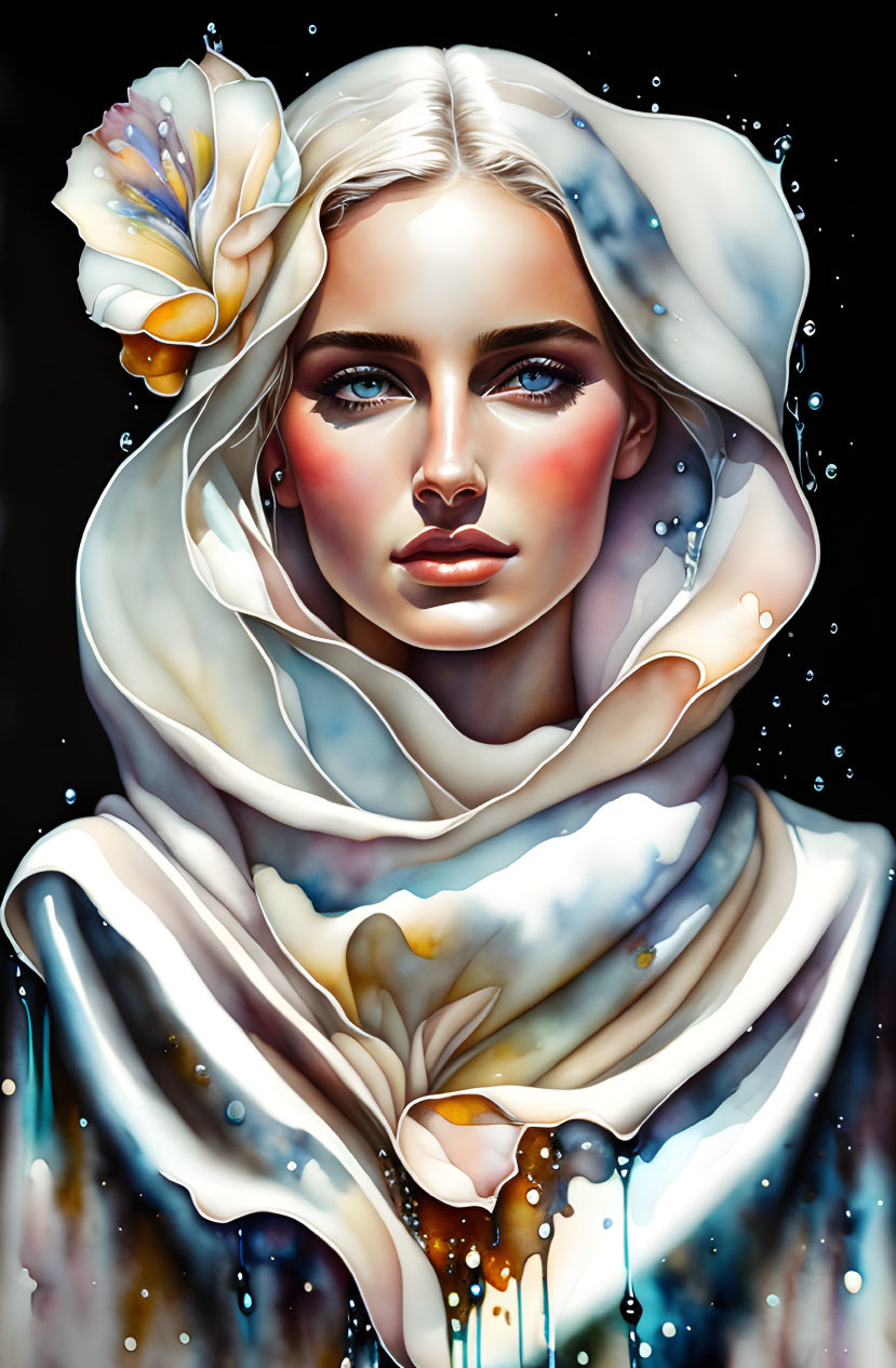 Stylized portrait of woman with blue eyes and headscarf on dark background