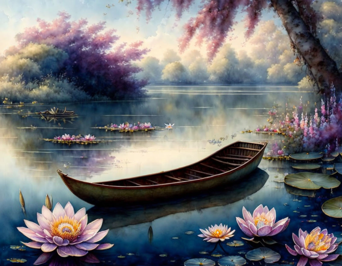 Tranquil scene of canoe on calm water with blooming lilies and colorful trees