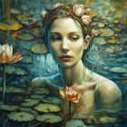 Woman with Lotus Flowers in Hair by Tranquil Water Lily Pond