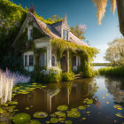 Serene pond with overgrown cottage and blooming flora