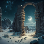 Snowy Night Landscape with Arched Gateway, Tower, Full Moon, and Northern Lights