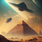 Futuristic sci-fi scene: pyramid, spaceship, planets in desert landscape